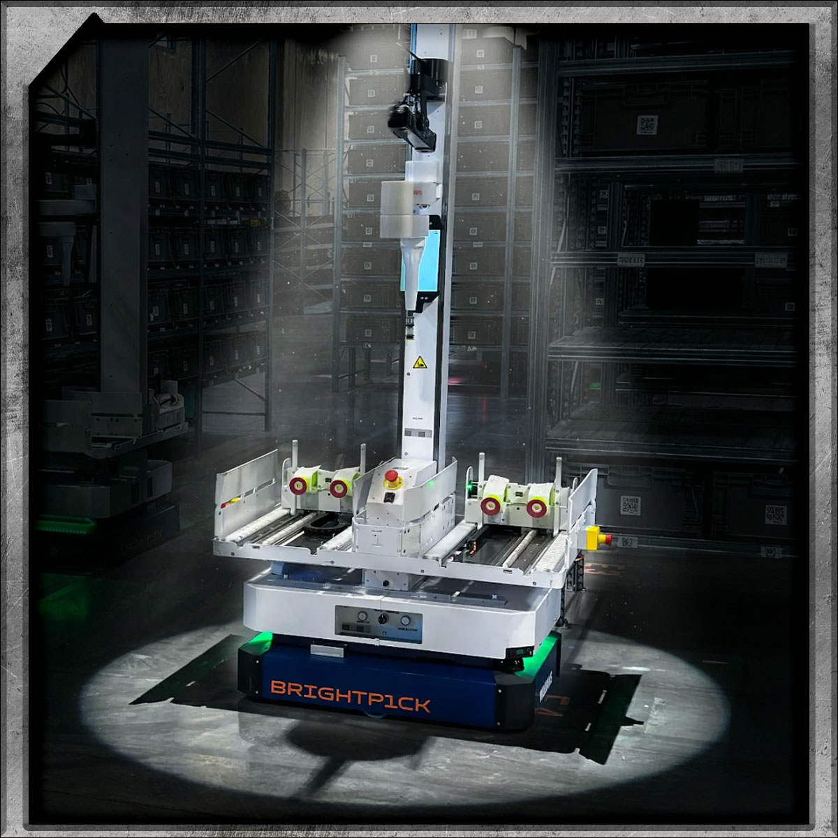 Brightpick mobile robotic handling system within a warehouse aisle