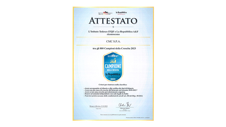 CMC SpA ranks among the Growth Champions 2023